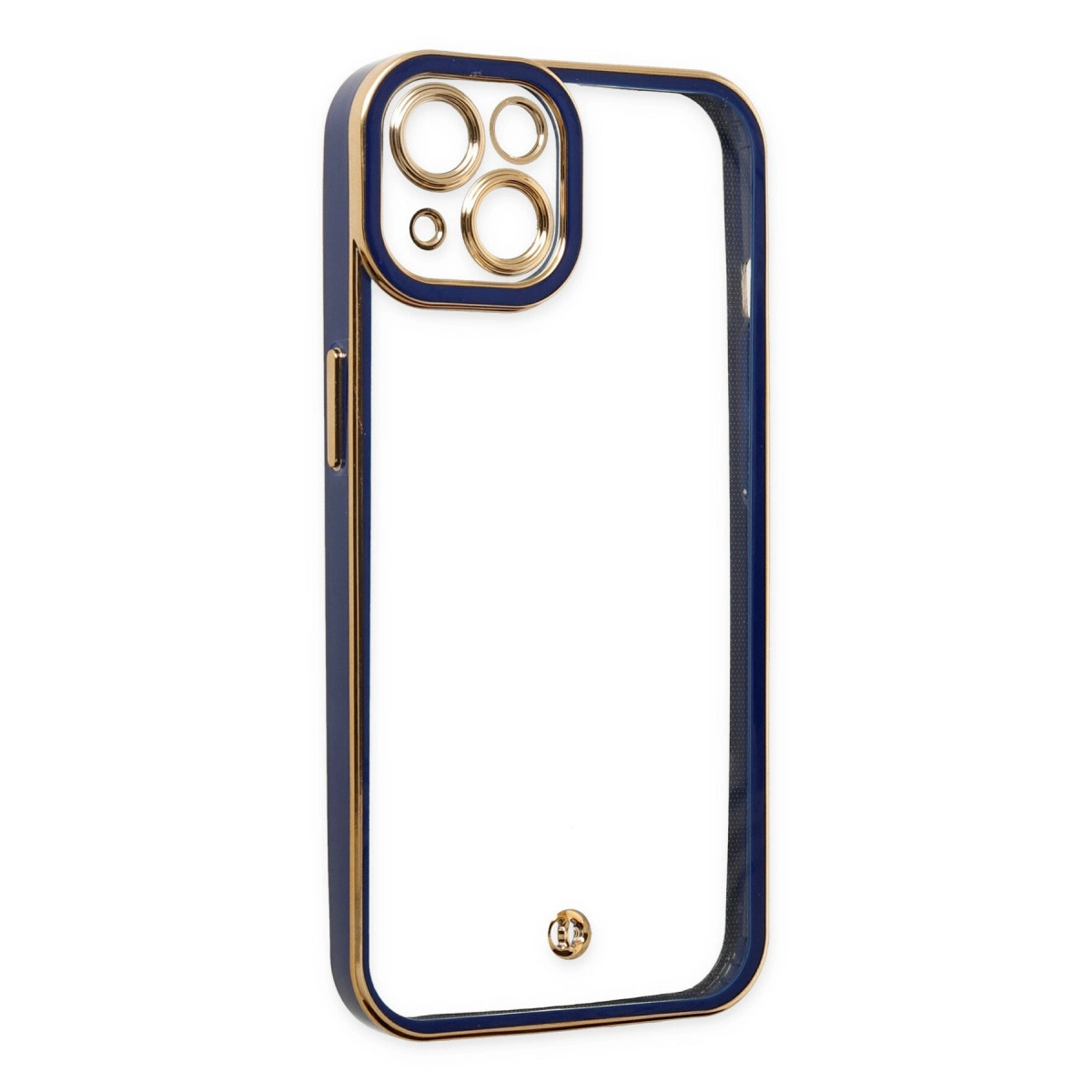 Altın çerçeveli ve kamera kesimli lacivert iPhone kılıfı.