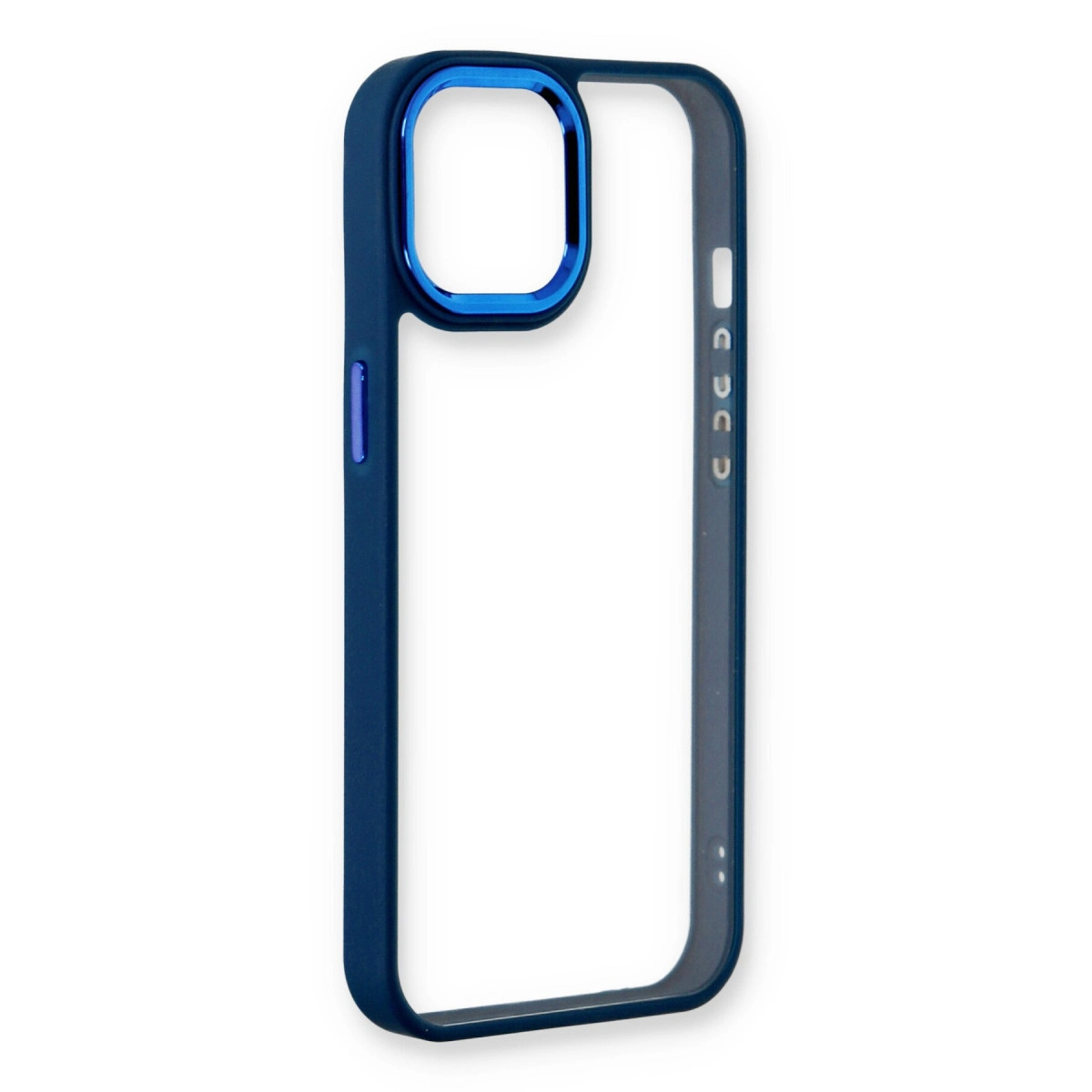Mavi kenarlı lacivert telefon kılıfı, beyaz zeminde.