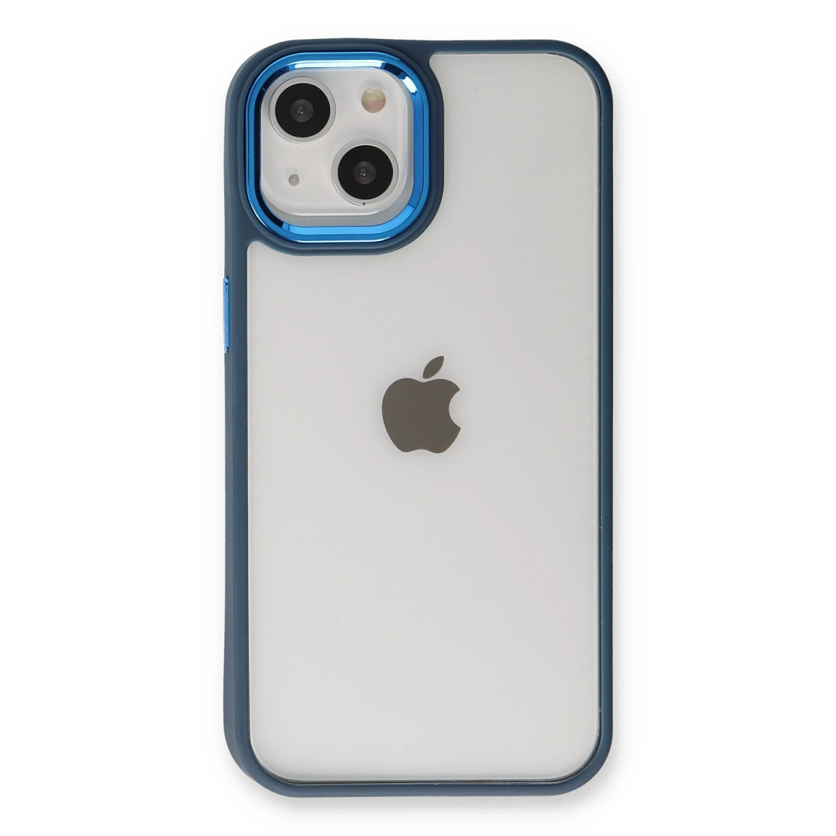 Mavi çerçeveli, şeffaf arka kapaklı Apple logolu iPhone kılıfı.