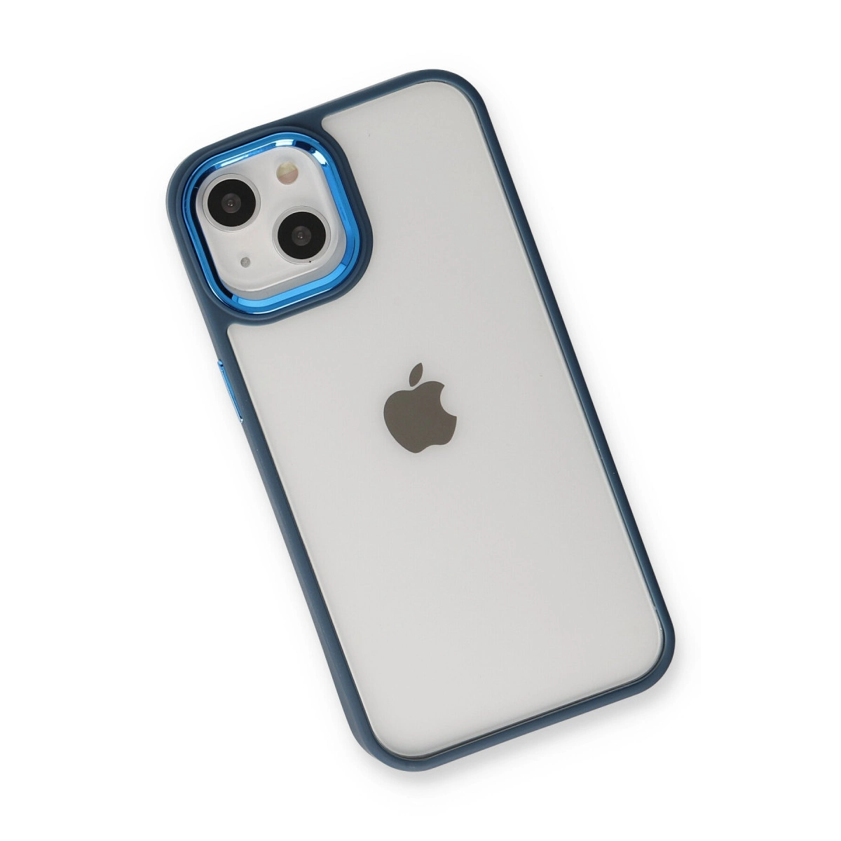 Mavi çerçeveli, iki kameralı, Apple logolu şeffaf iPhone.