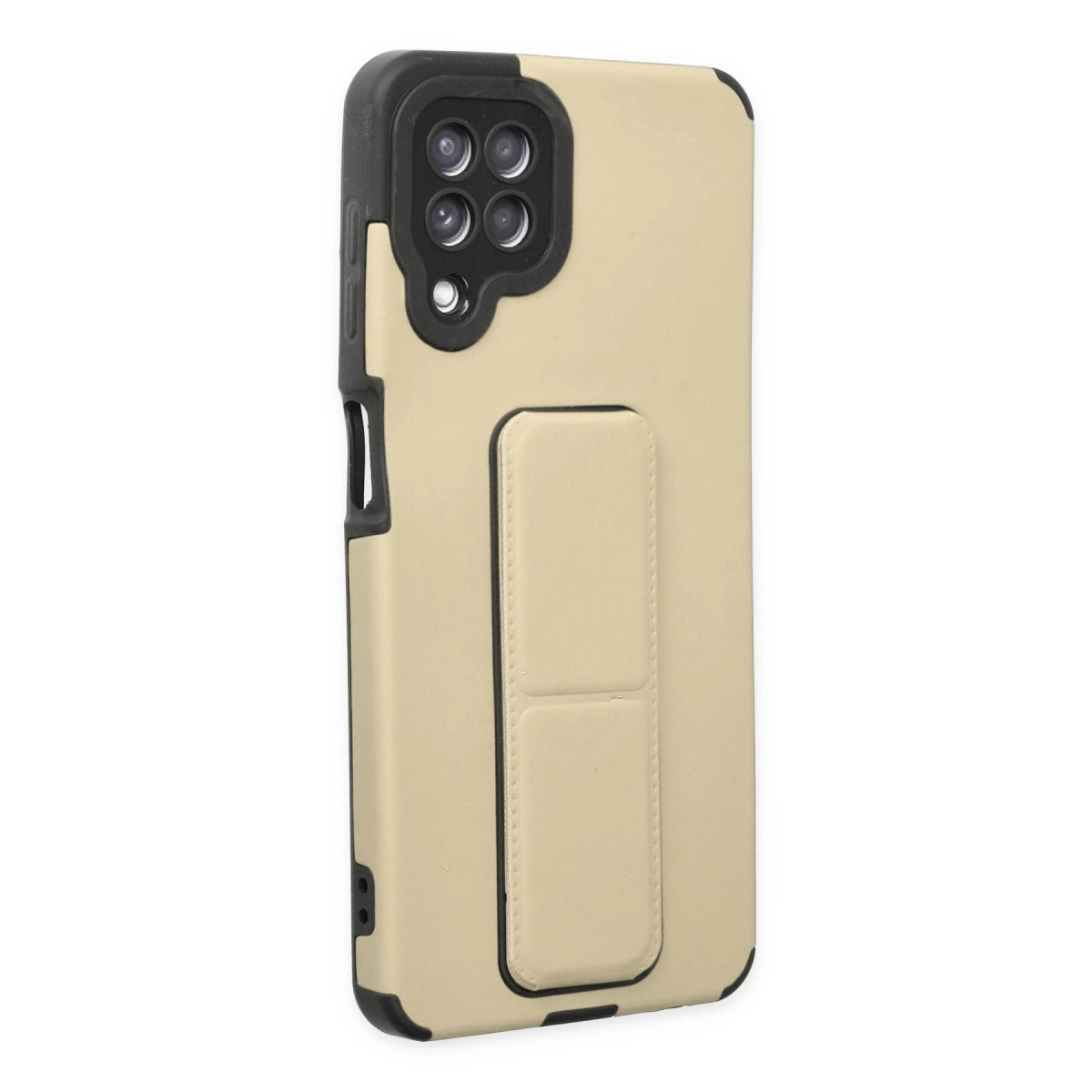 Siyah kenarlı, açık bej telefon kılıfı ve stant.