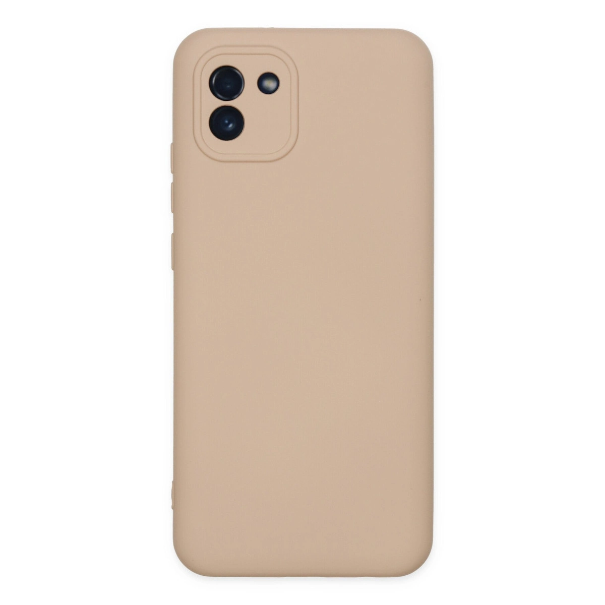 Üç lensli dikdörtgen kamera modülüne sahip bej telefon kılıfı.