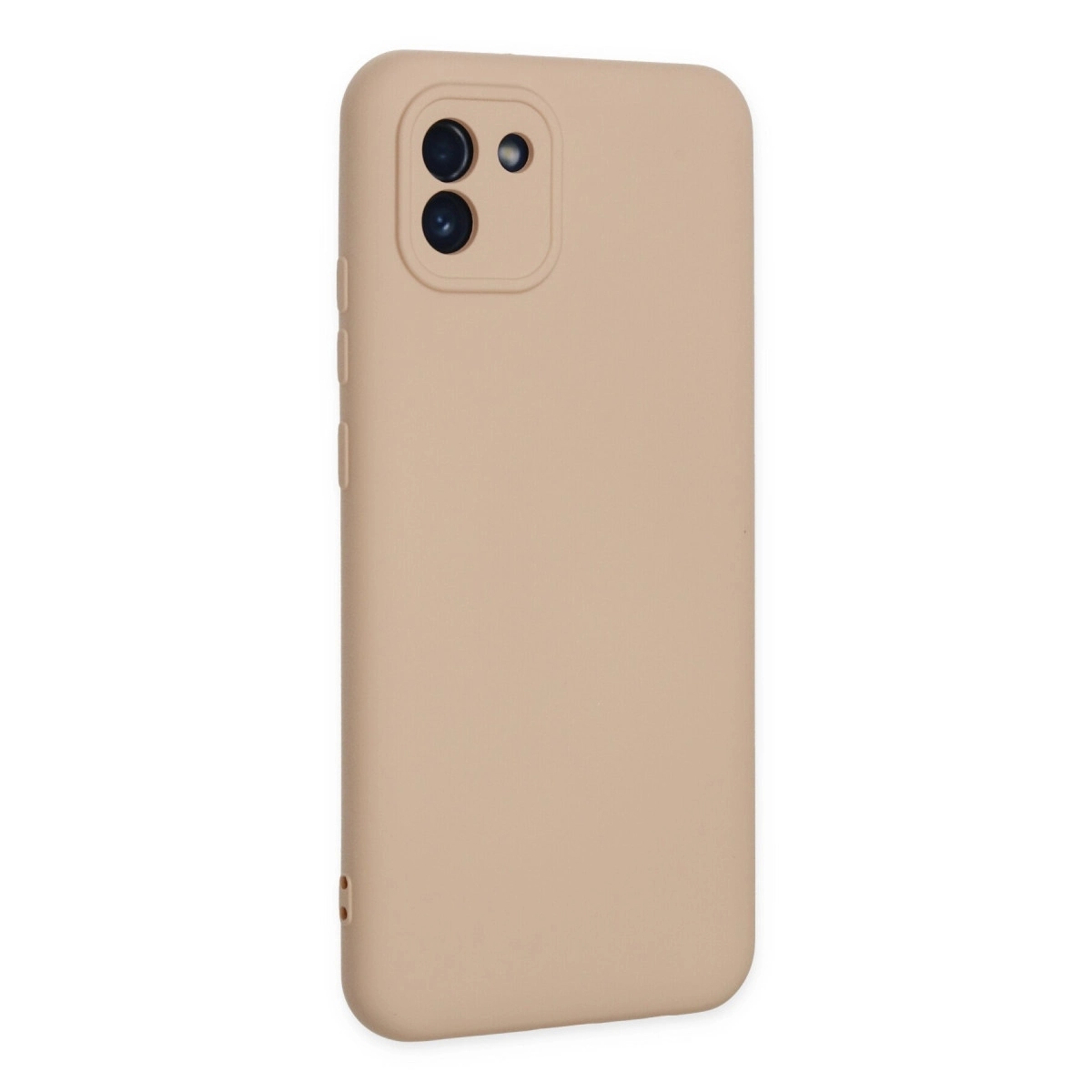 Arkada kamera modülü olan bej rengi telefon kılıfı.