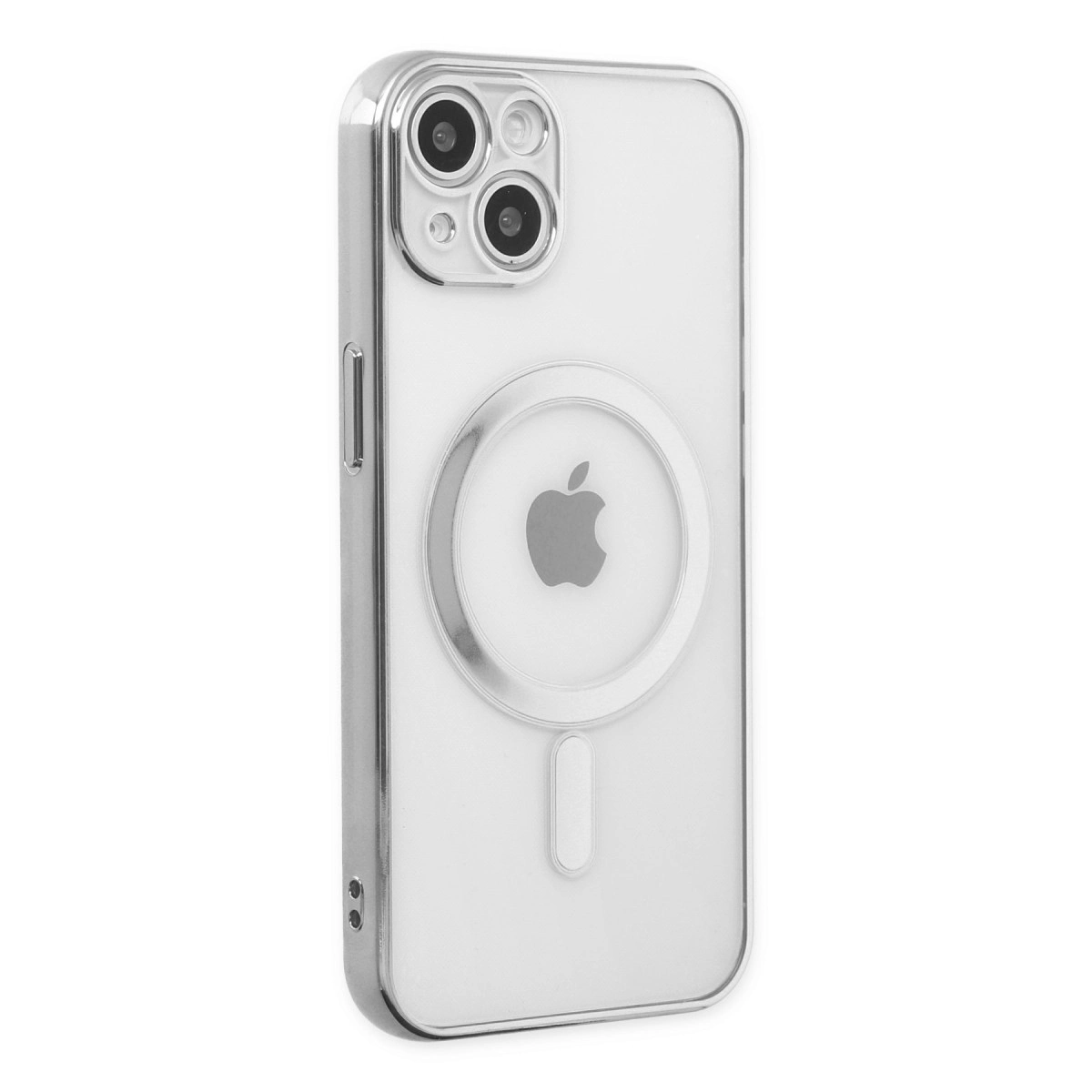 Gümüş kenarlı ve Apple logolu şeffaf telefon kılıfı.