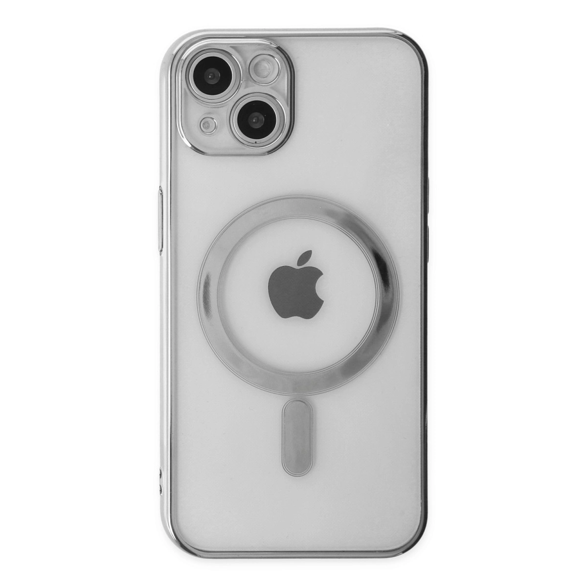 Apple logosu ve kamera modülü olan şeffaf kılıf. Beyaz zeminde.