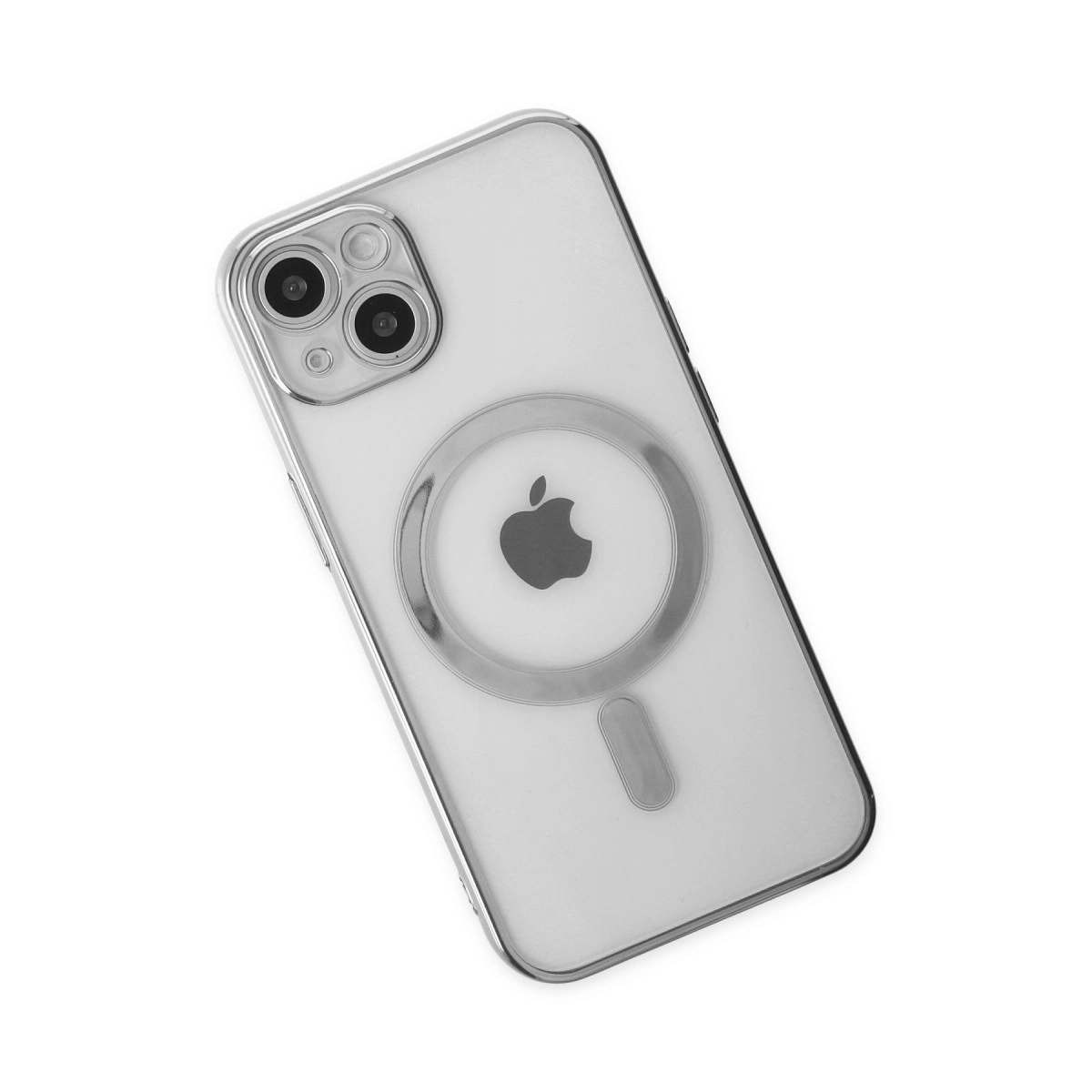 Apple logosu ve manyetik halkalı şeffaf telefon kılıfı beyaz arka planda.
