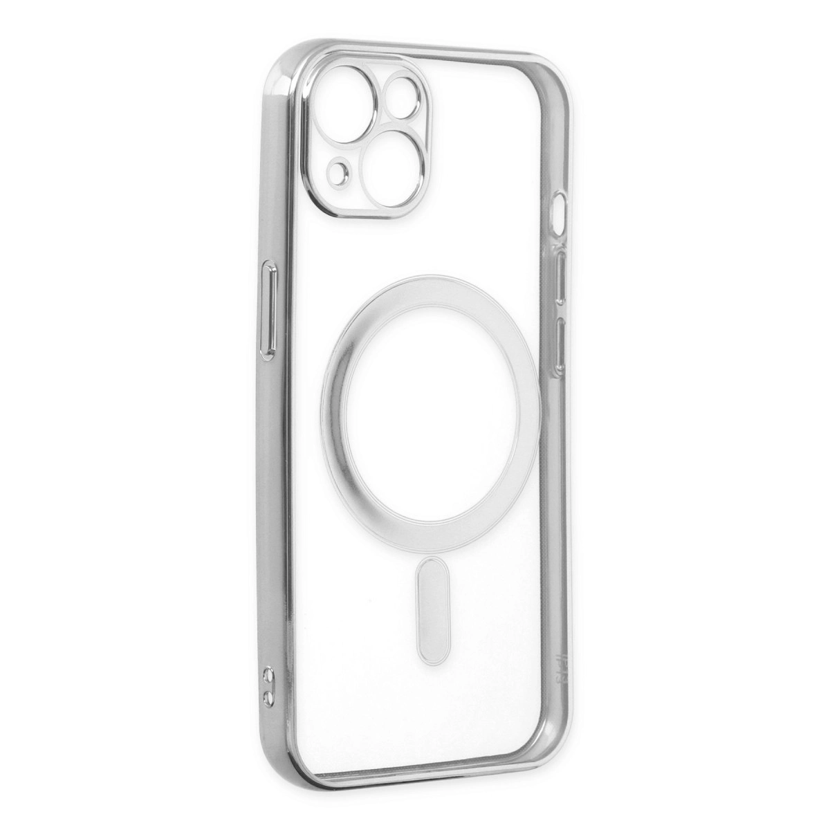 Gümüş çerçeveli şeffaf telefon kılıfı ve kamera kesimi.