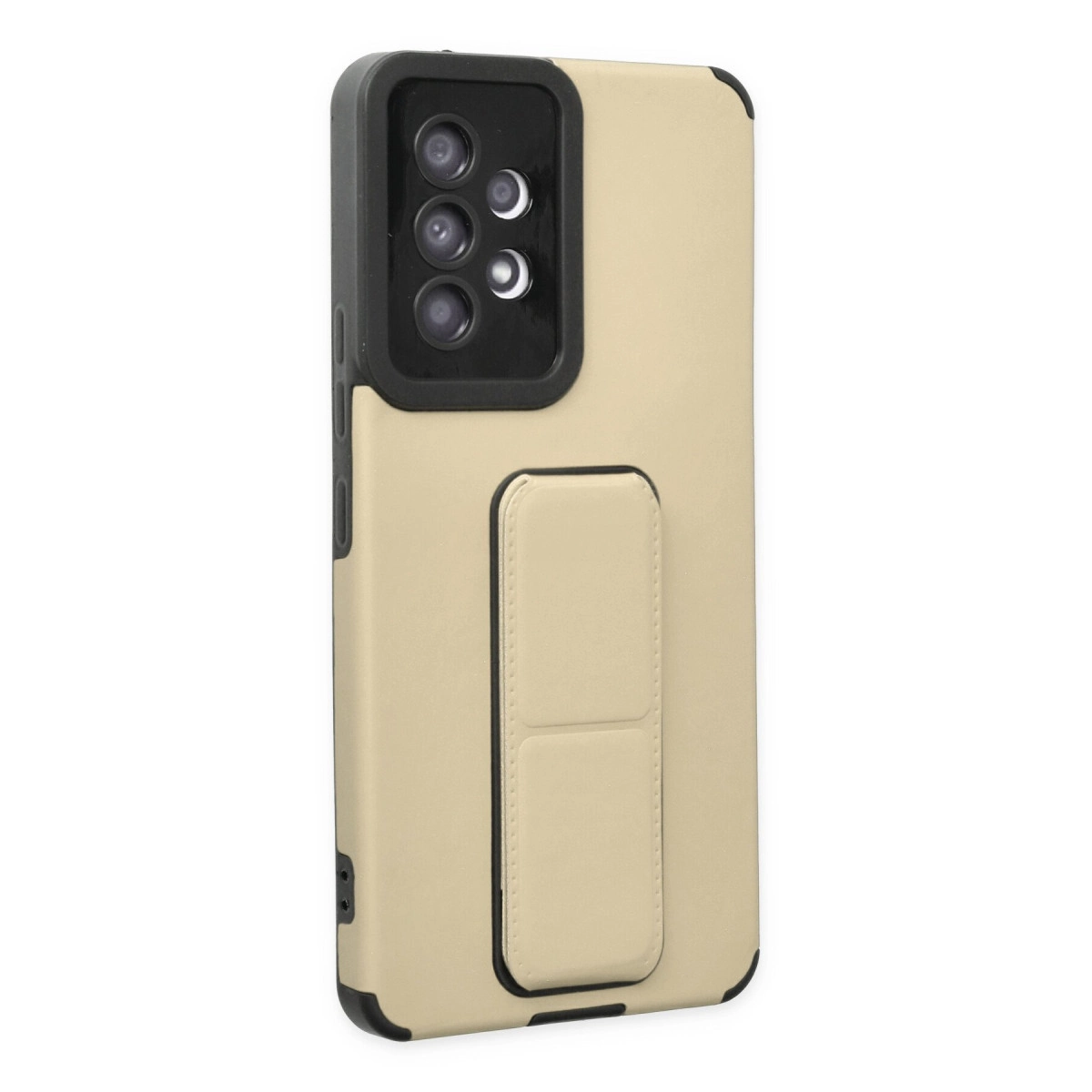 Siyah kamera modüllü ve stantlı bej telefon kılıfı.