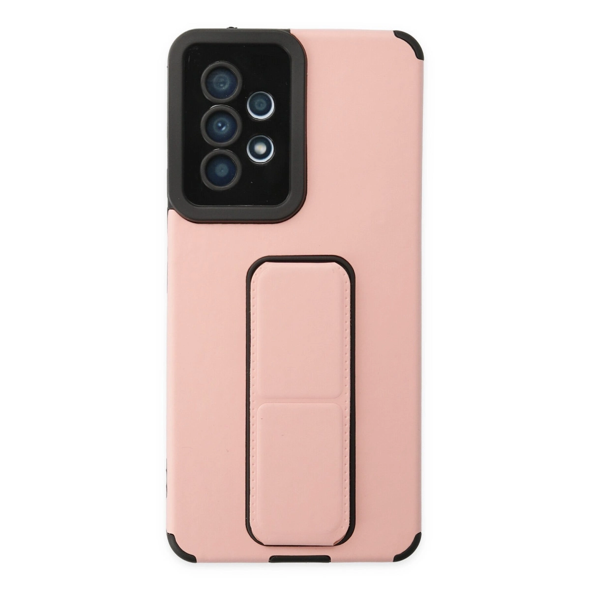 Siyah kamera çerçeveli ve entegre tutmaçlı pembe telefon kılıfı.