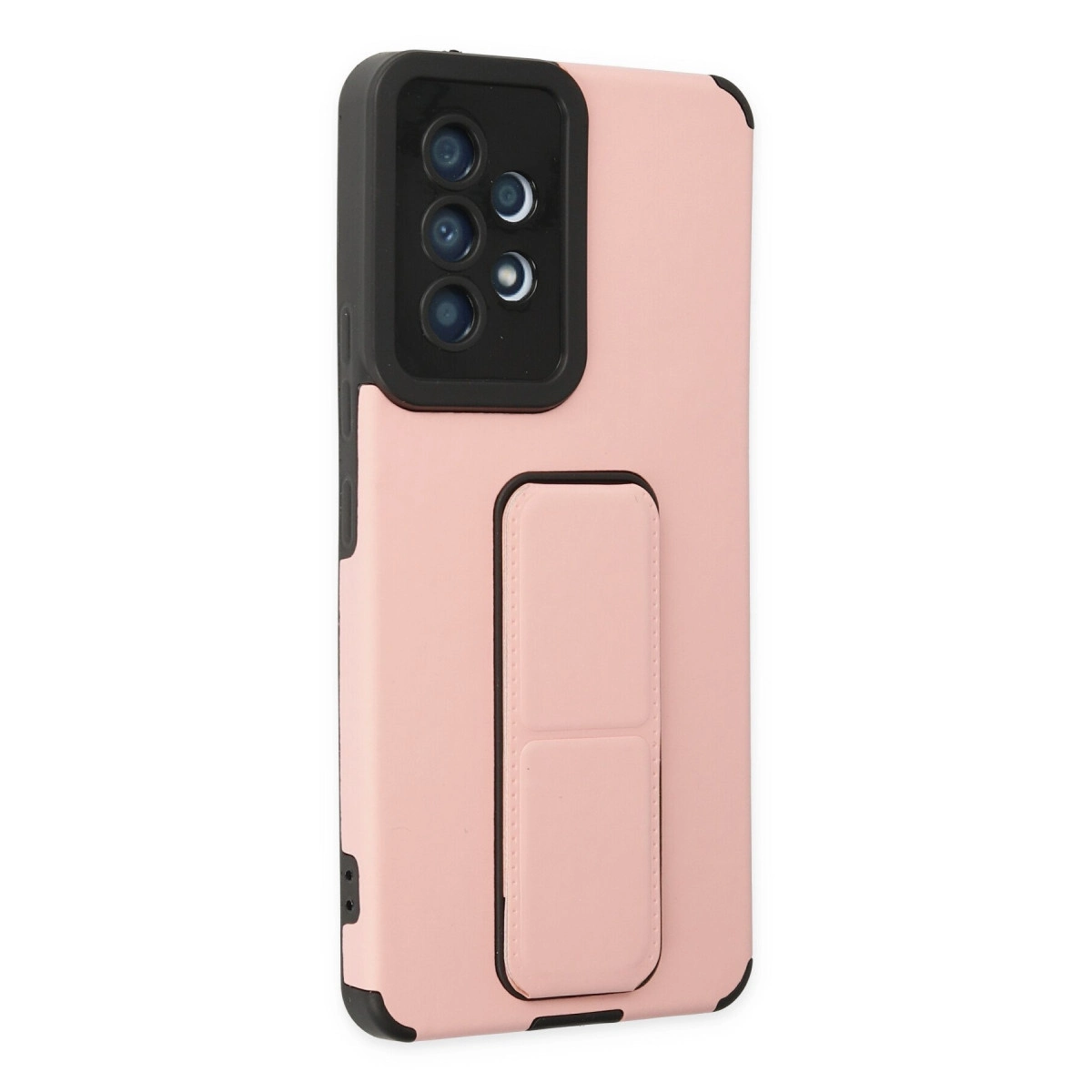 Entegre stantlı, siyah kamera çerçeveli pembe telefon kılıfı.