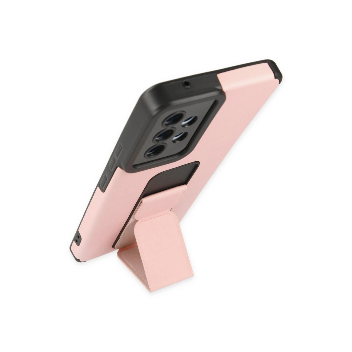 Entegre stantlı, siyah çerçeveli pembe telefon kılıfı.