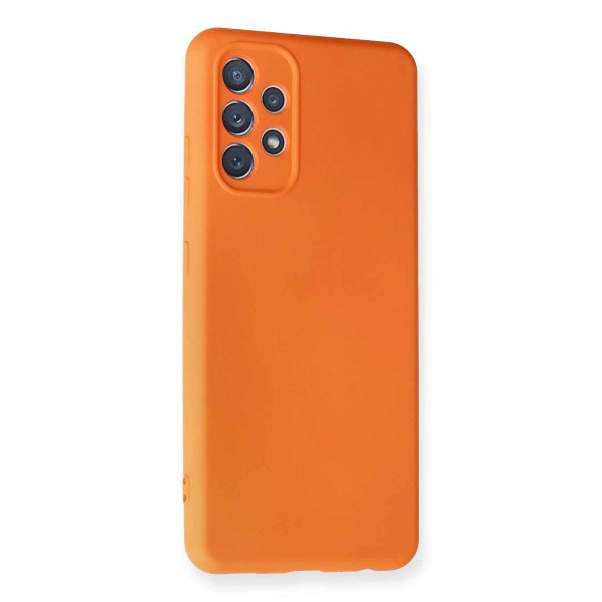 Beyaz zeminde kamera modüllü turuncu telefon kılıfı.