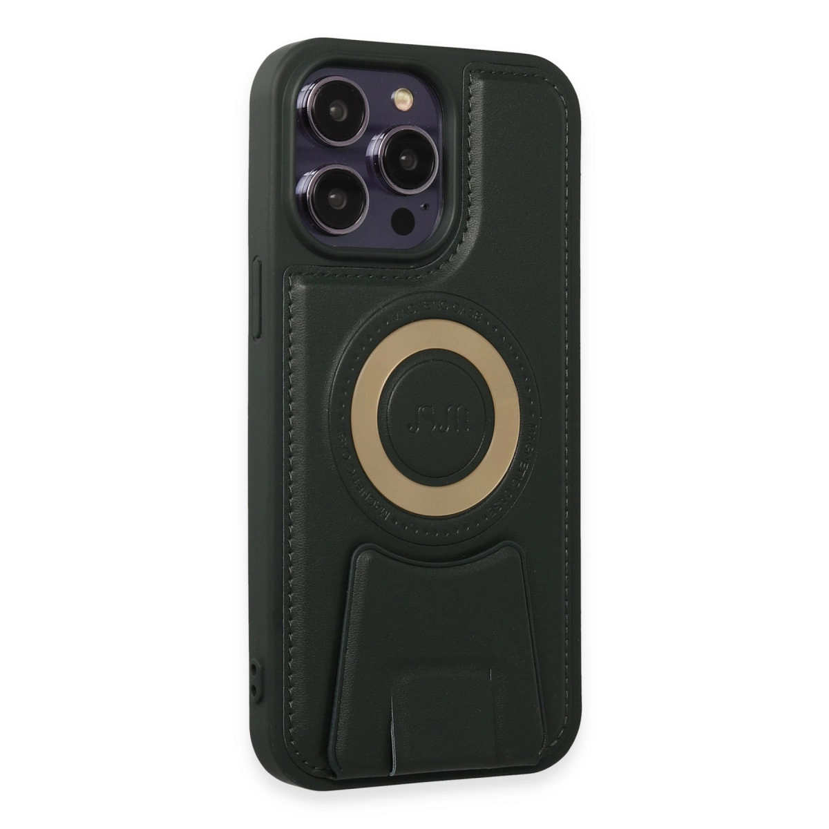 Üç kameralı, altın halkalı ve stantlı koyu yeşil telefon kılıfı.