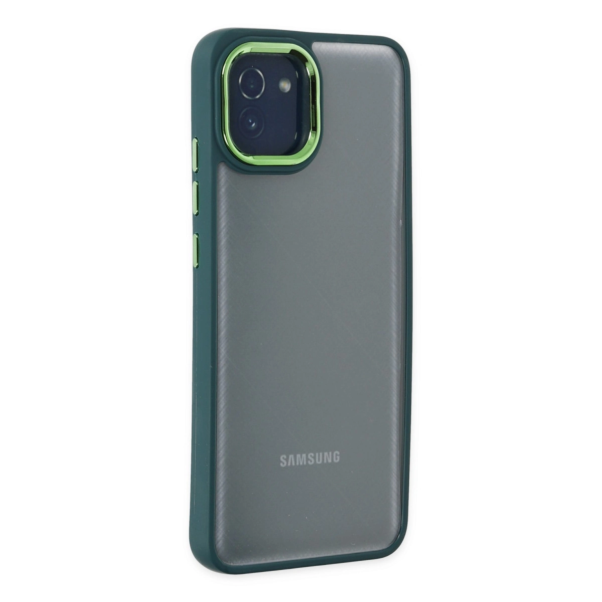 Şeffaf arka ve Samsung logosuna sahip koyu yeşil kılıf.