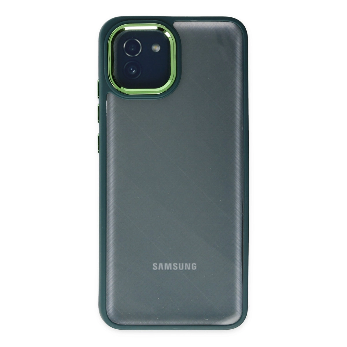 Yeşil kamera çerçeveli, koyu gri Samsung telefon, zarif desenli arka yüz.