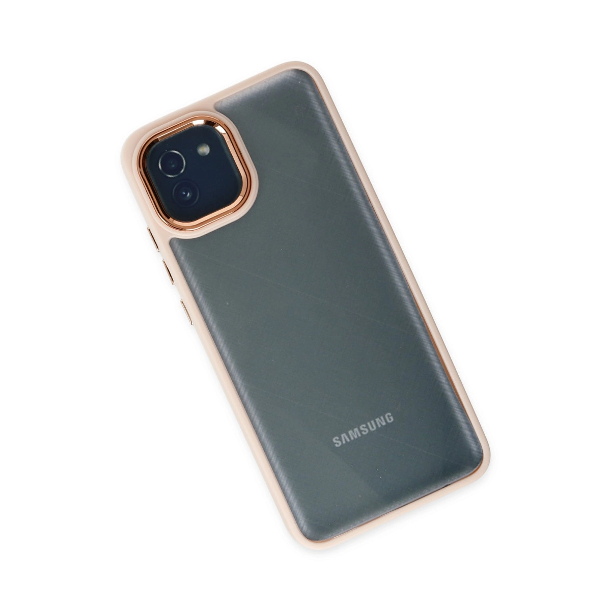 Rose altın çerçeveli ve kamera modüllü gri Samsung akıllı telefonun arkası.