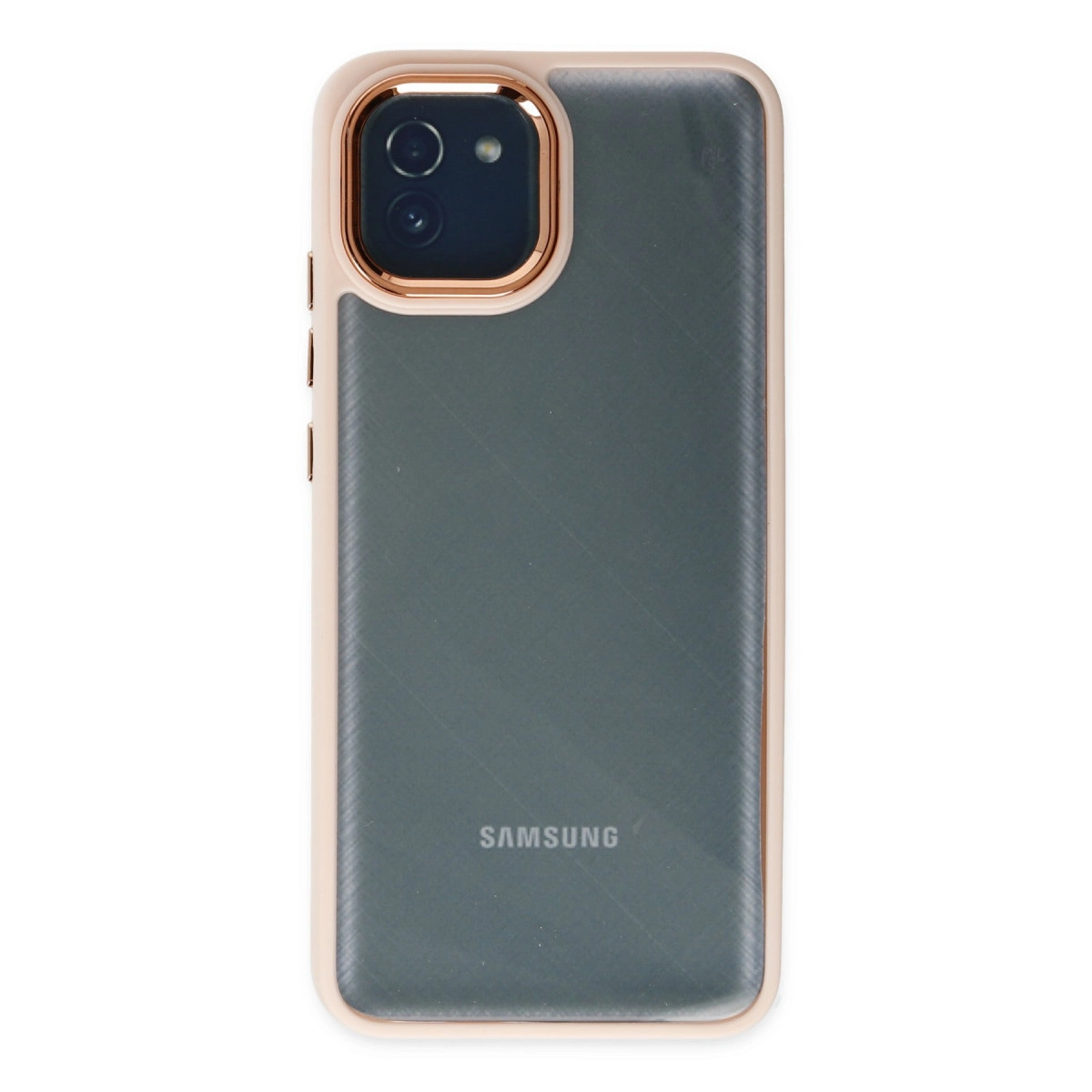 İki kameralı ve şeffaf kılıflı pembe Samsung telefonun arkası.