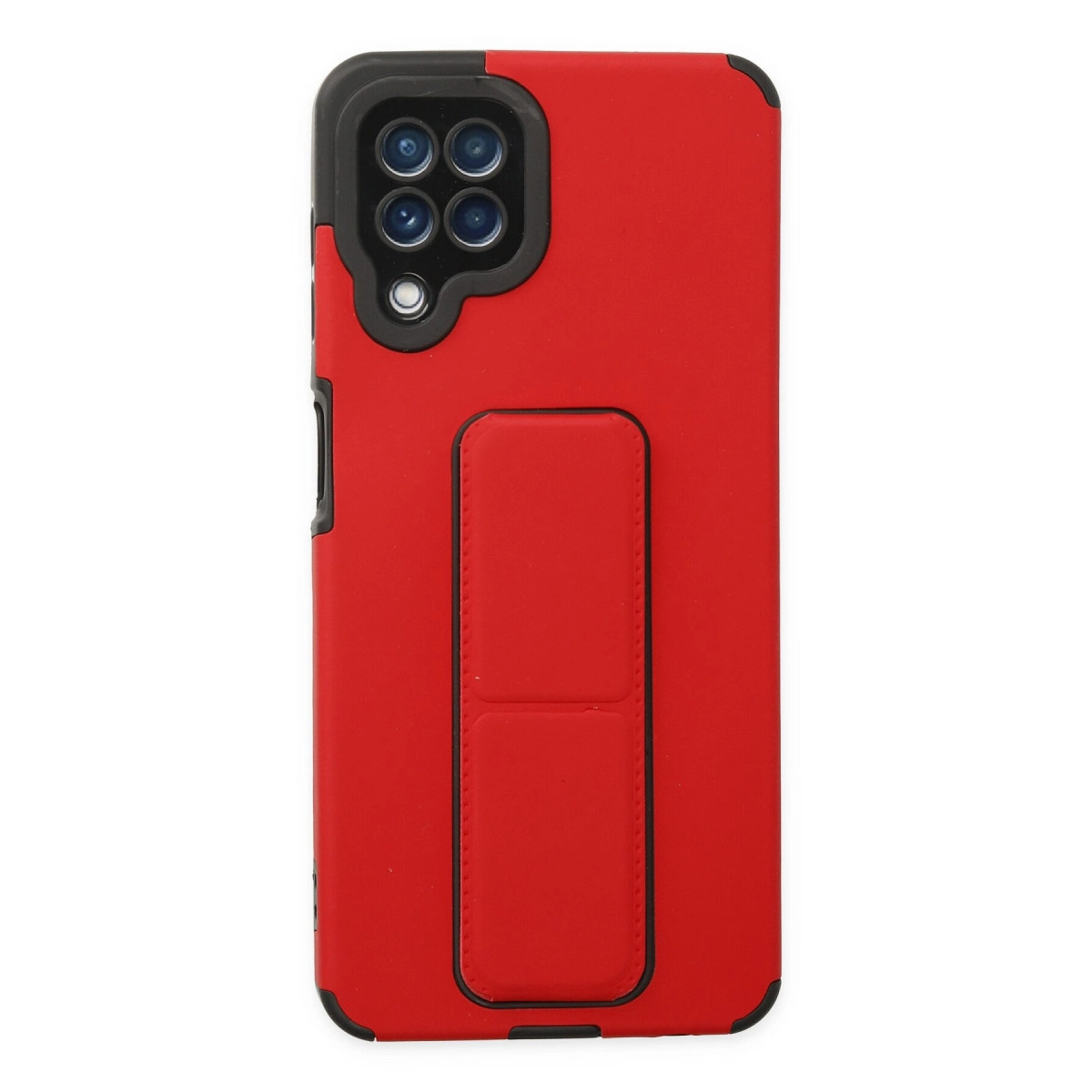 Entegre stantlı, siyah kamera yuvalı kırmızı telefon kılıfı.