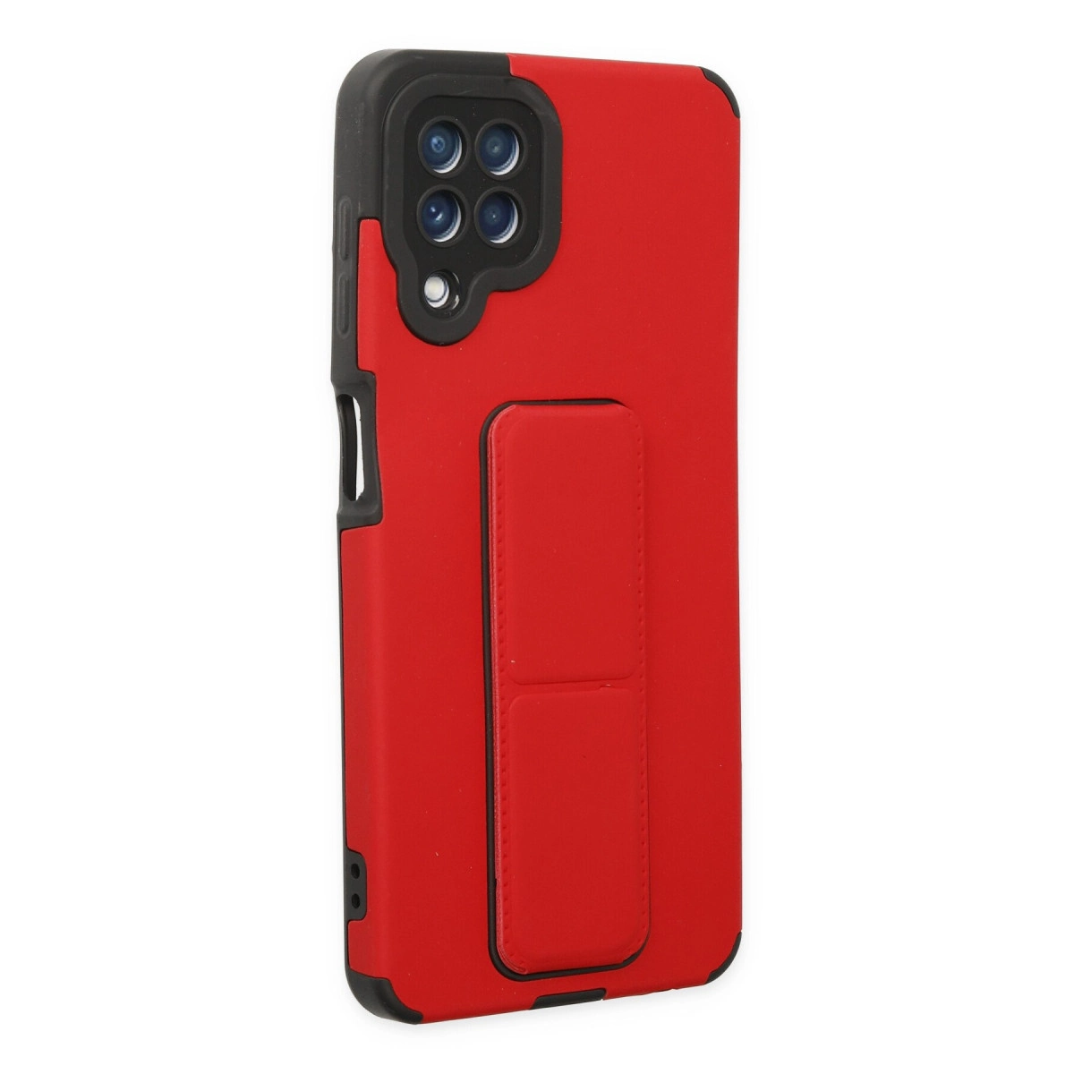 Entegre stantlı, siyah çerçeveli kırmızı telefon kılıfı.