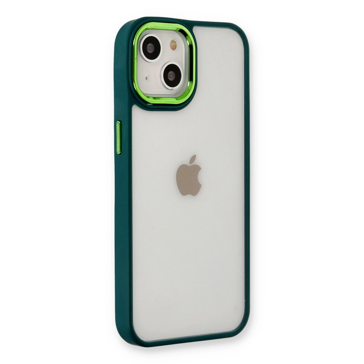 Kamera ve Apple logosunu gösteren, şeffaf arka kapaklı koyu yeşil iPhone kılıfı.