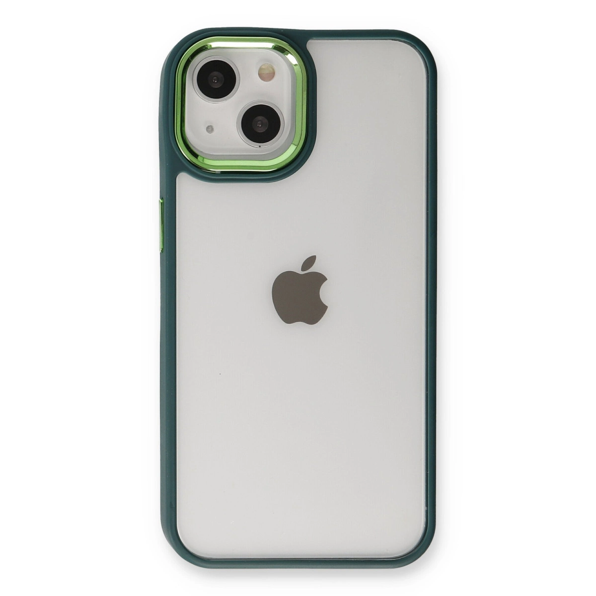 Yeşil vurgulu ve Apple logolu şeffaf telefon kılıfı.