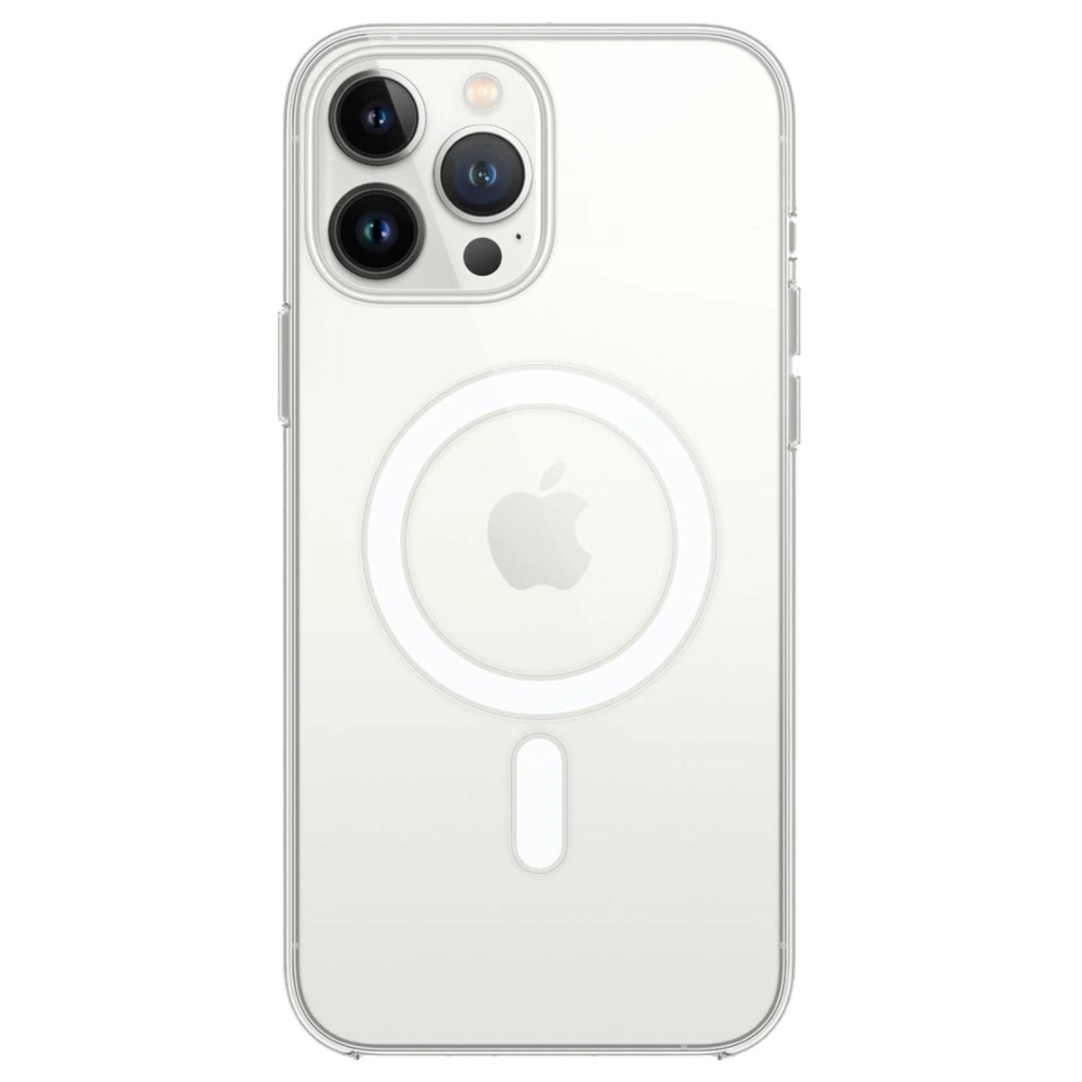 Apple logosu ve MagSafe halkası olan şeffaf telefon kılıfı.