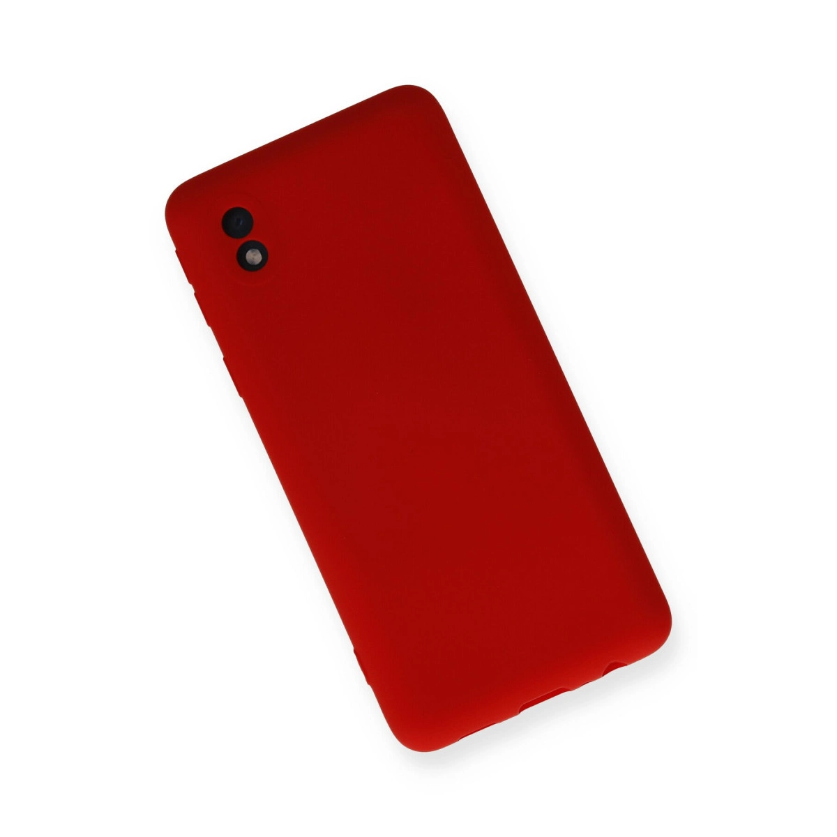 Sol üstte iki kamera lensli kırmızı telefon kılıfı, beyaz arka plan üzerinde.