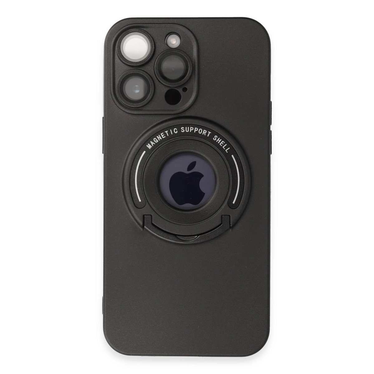 Üç kamera lensli ve dairesel Apple logosu olan siyah iPhone kılıfı.