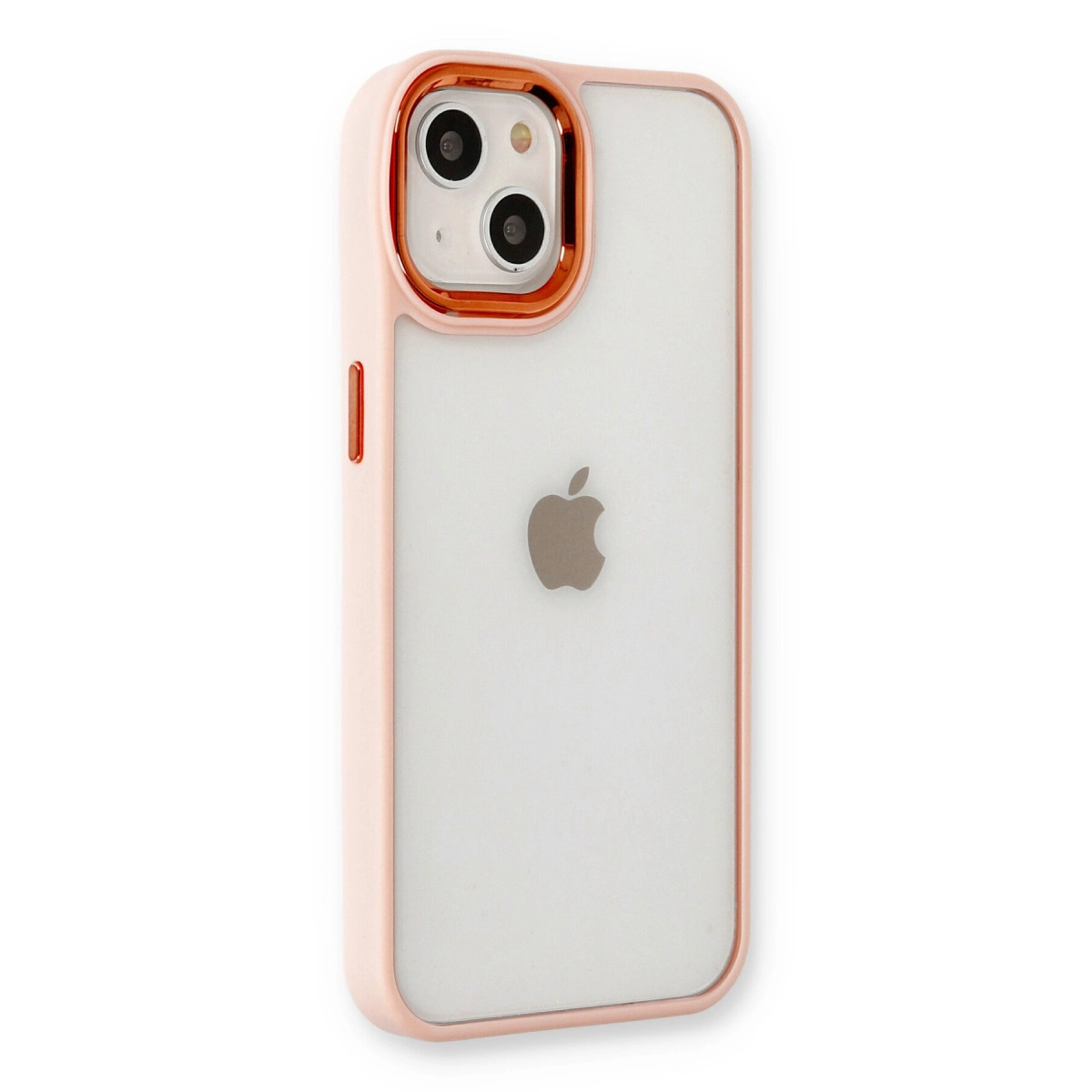 Kameralı, şeffaf arkalı, gül altın rengi iPhone kılıfı. Apple logosu görünüyor.