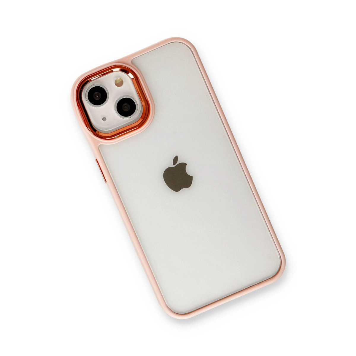 Beyaz arka plan üzerinde gül altın kenarlı ve kameralı şeffaf iPhone.