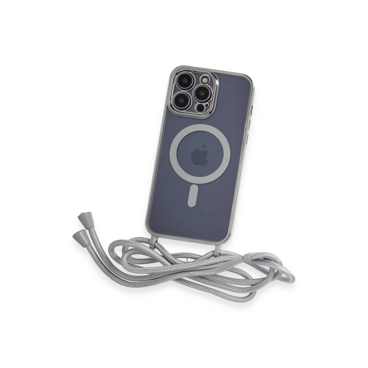MagSafe halkalı koyu gri telefon kılıfı ve gümüş rengi kordon.