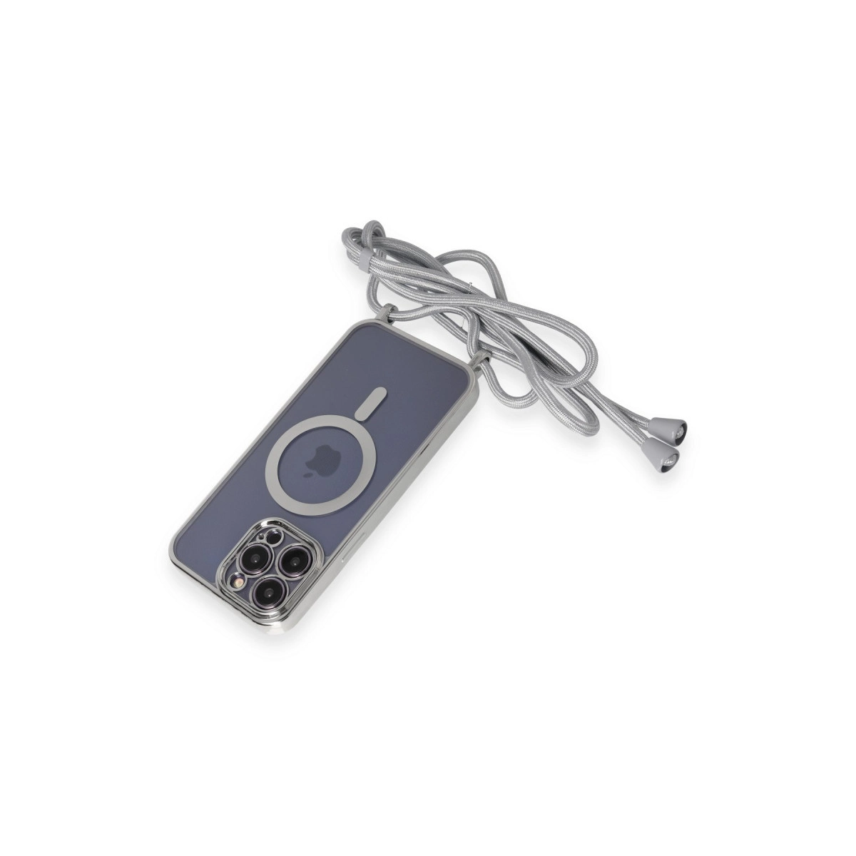 Beyaz arka plan üzerinde gümüş kordonlu gri MagSafe telefon kılıfı.