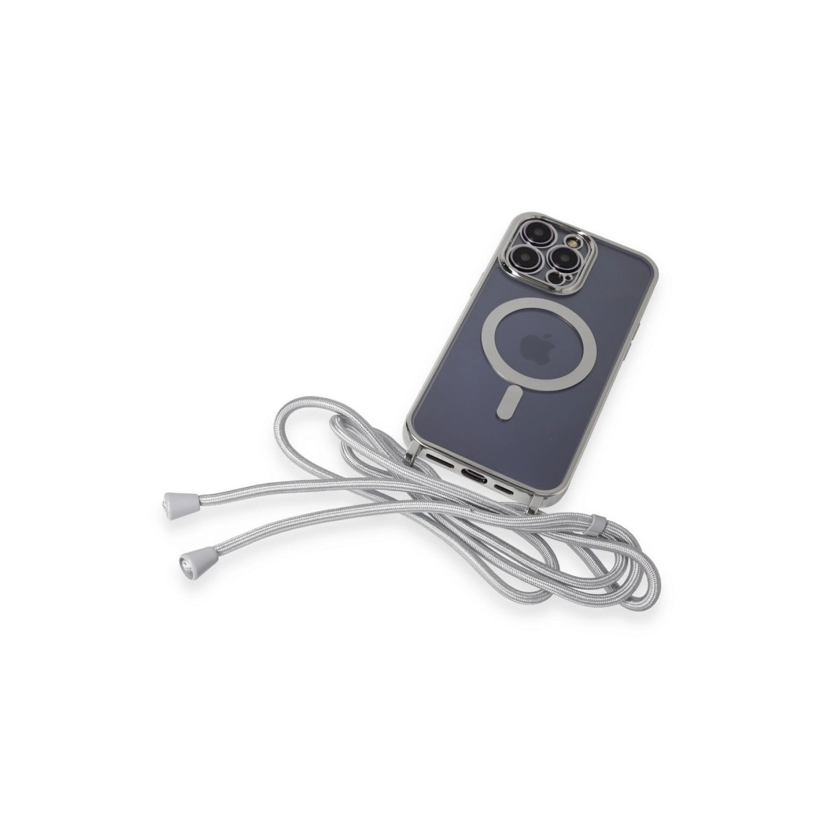 MagSafe halkalı şeffaf kasada bir iPhone beyaz zeminde duruyor.