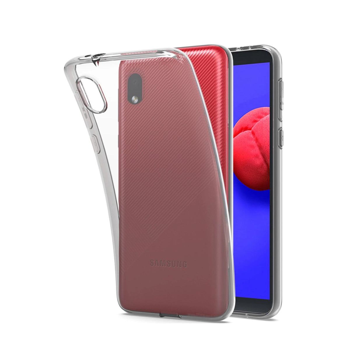 Beyaz zeminde duran, şeffaf kılıflı kırmızı bir akıllı telefon.