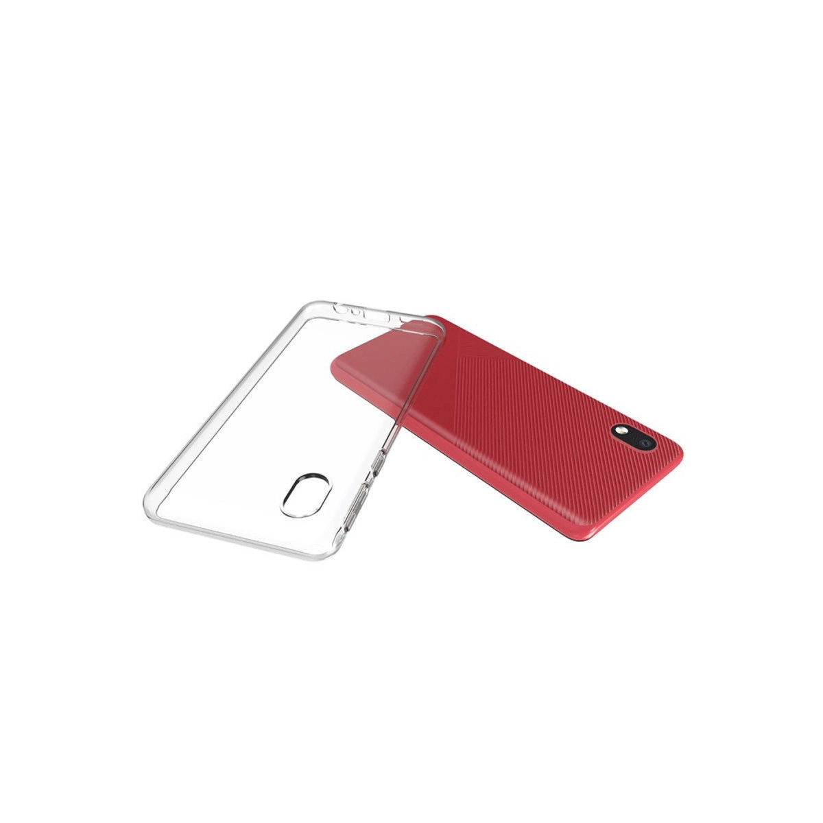 Beyaz arka plan üzerinde yanında şeffaf kılıfı olan kırmızı bir akıllı telefon.