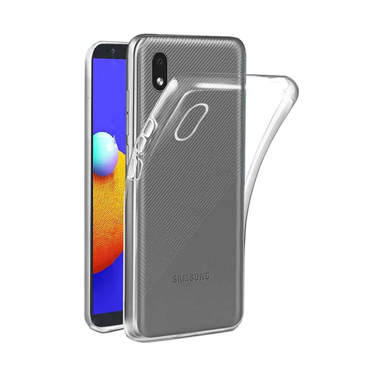Mavi ve turuncu öğelere sahip bir akıllı telefonun üzerinde şeffaf bir telefon kılıfı duruyor.