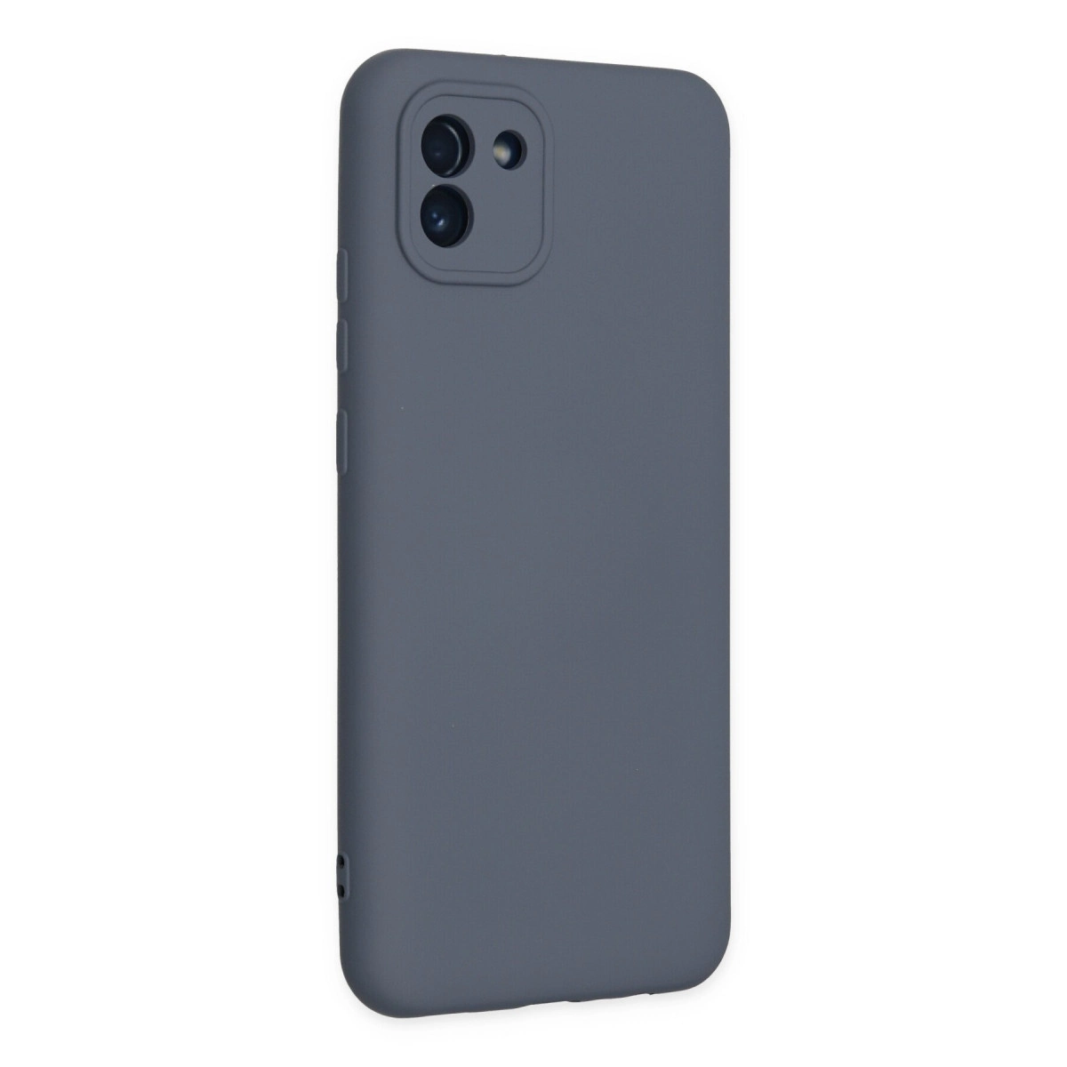 Arkada kamera modülü bulunan gri telefon kılıfı.