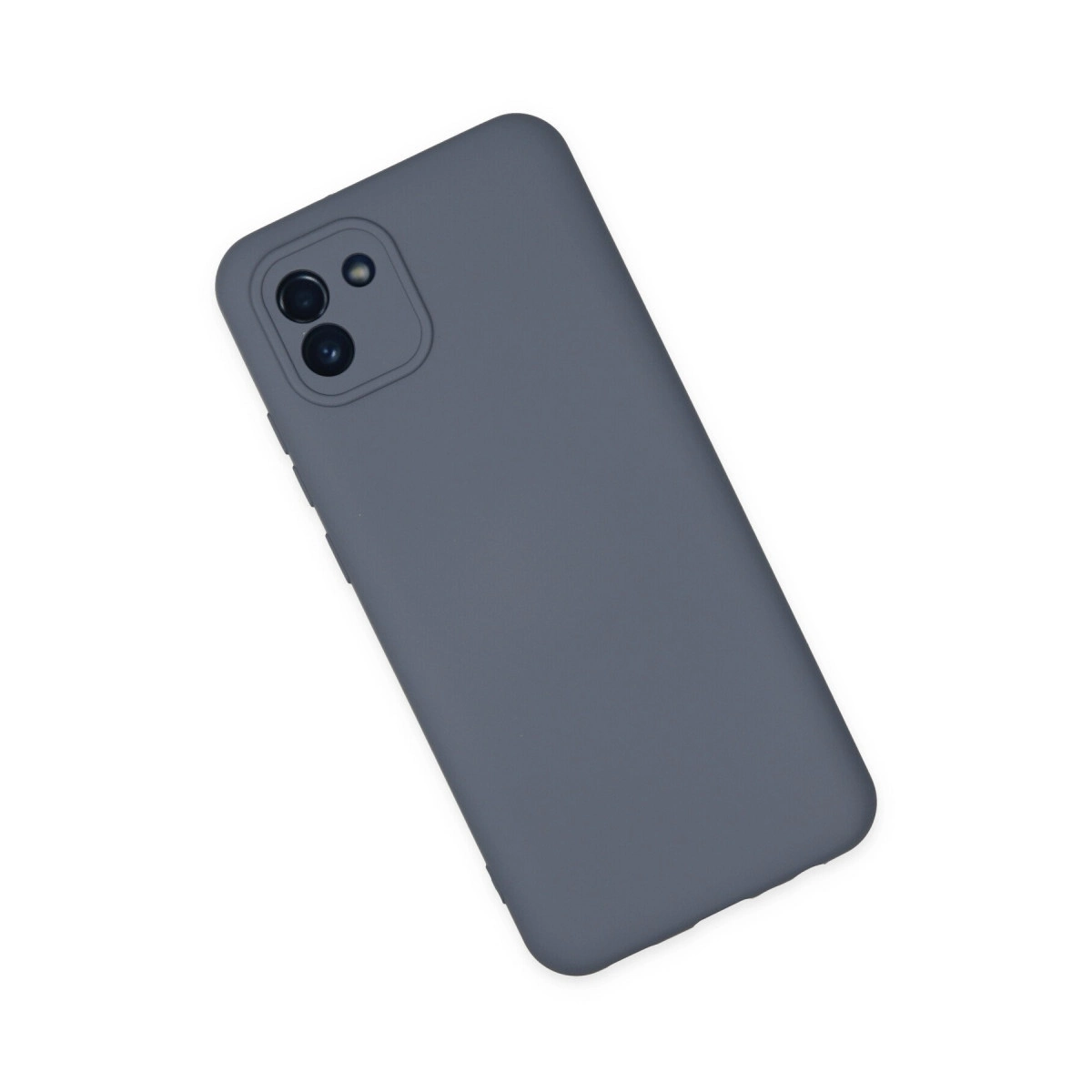 Beyaz arka plan üzerinde kamera kesikli ve iki lensli gri telefon kılıfı.
