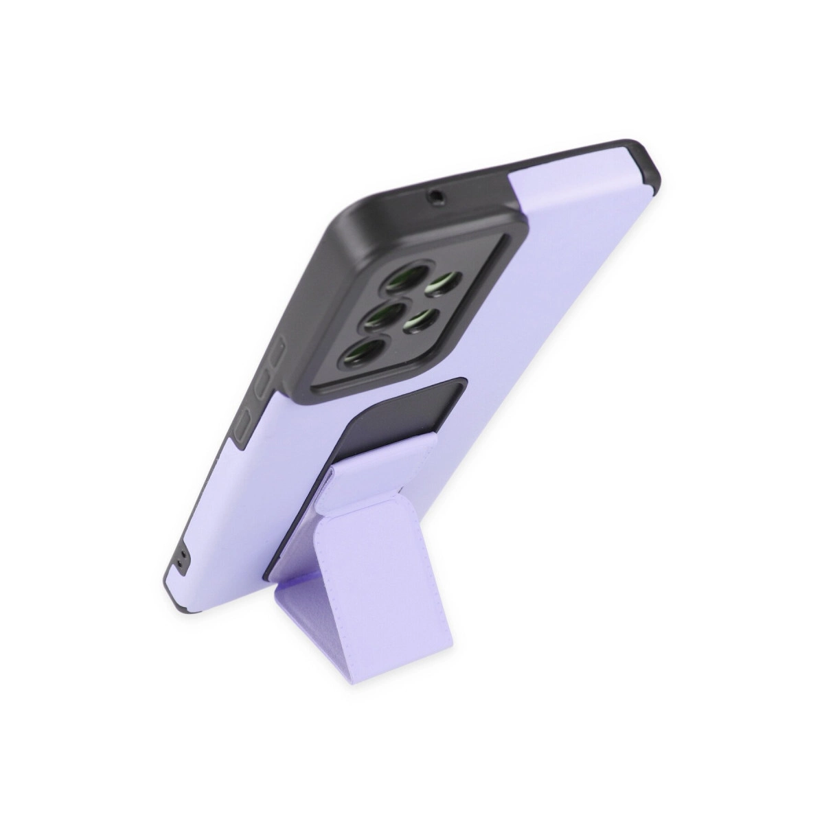 Entegre stantlı lavanta rengi telefon kılıfı, siyah kamera çerçevesi.