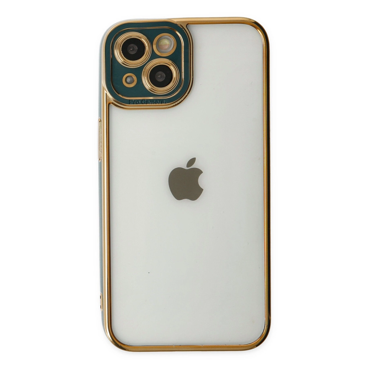 Altın çerçeveli ve üç kameralı şeffaf iPhone kılıfı.