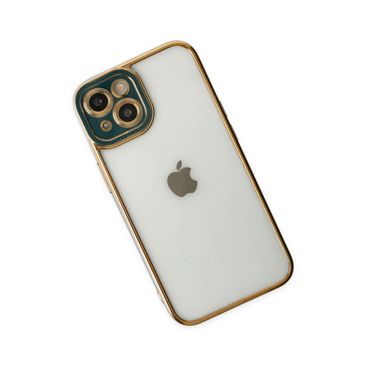 Altın kenarlı, yeşil lensli beyaz iPhone.