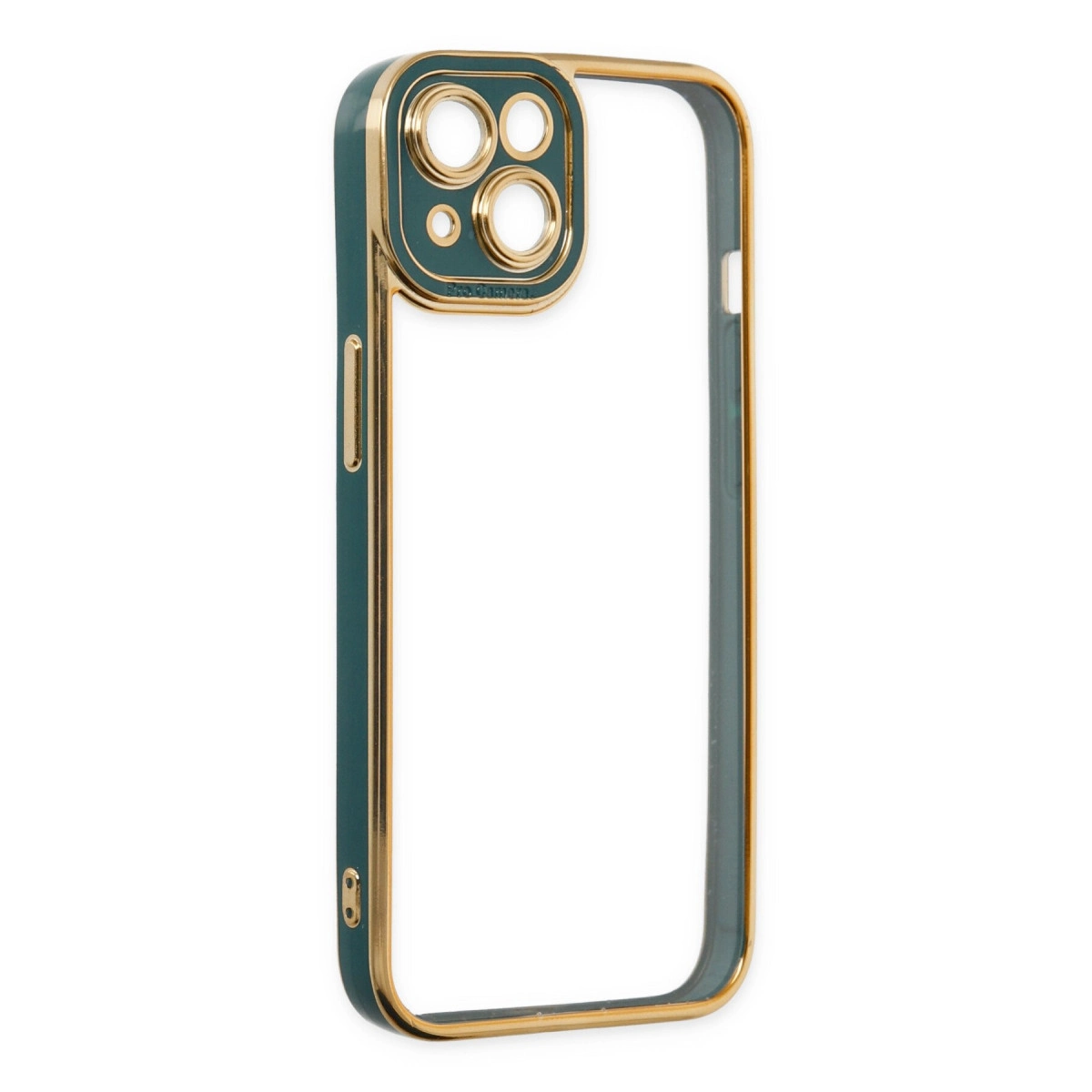 Altın çerçeveli ve kamera modüllü koyu yeşil telefon kılıfı.