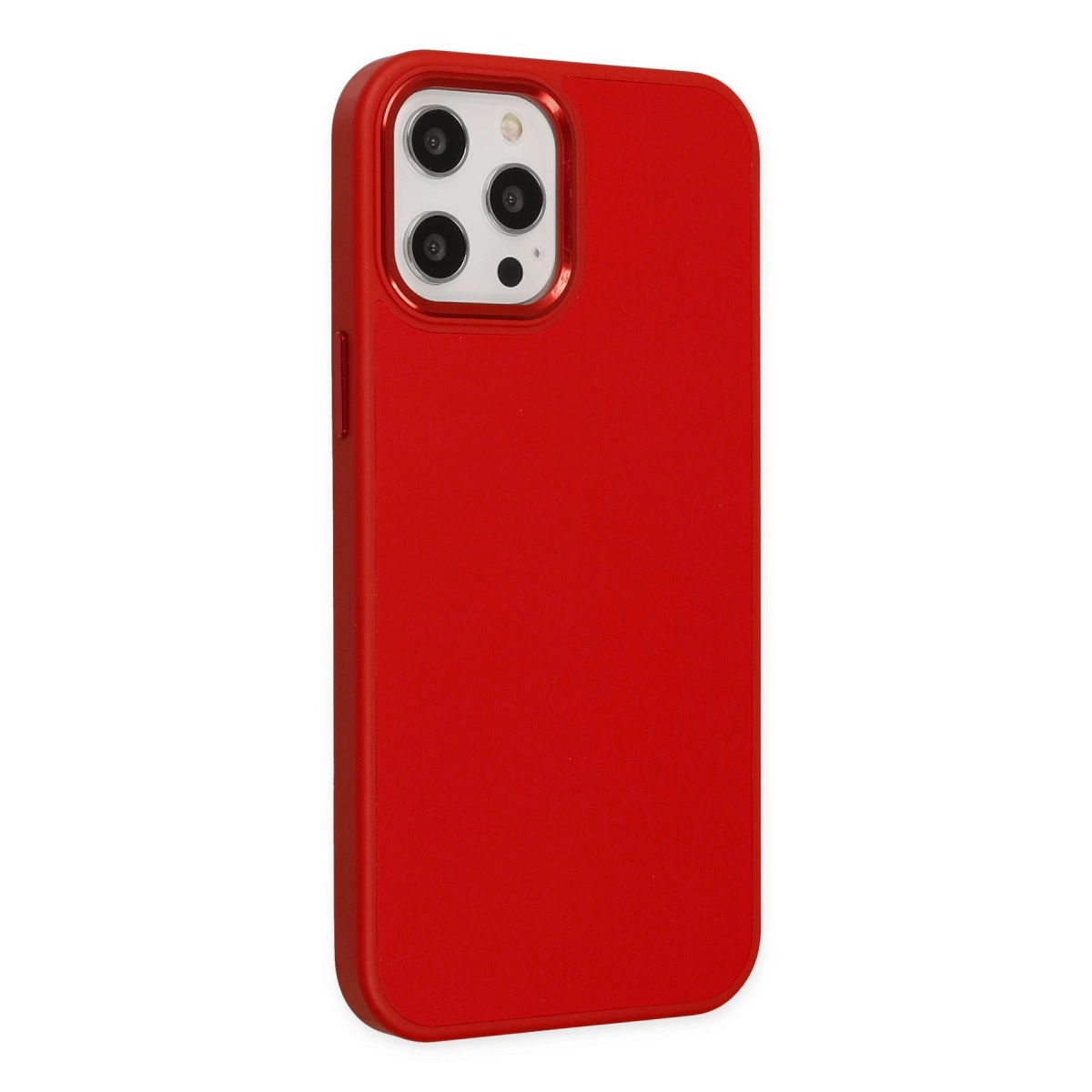 Arkada üçlü kamera kesiği olan kırmızı telefon kılıfı.