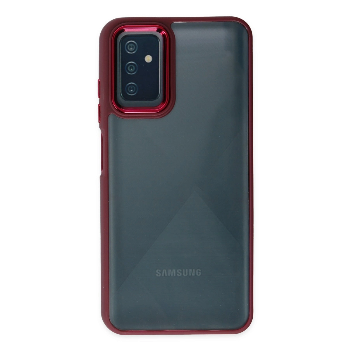 Samsung telefon için koyu şeffaf arkalıklı kırmızı kılıf, kamera görünümü.