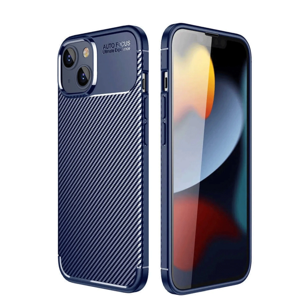 Koyu mavi karbon desenli telefon kılıfı, çift kamera kesimli.