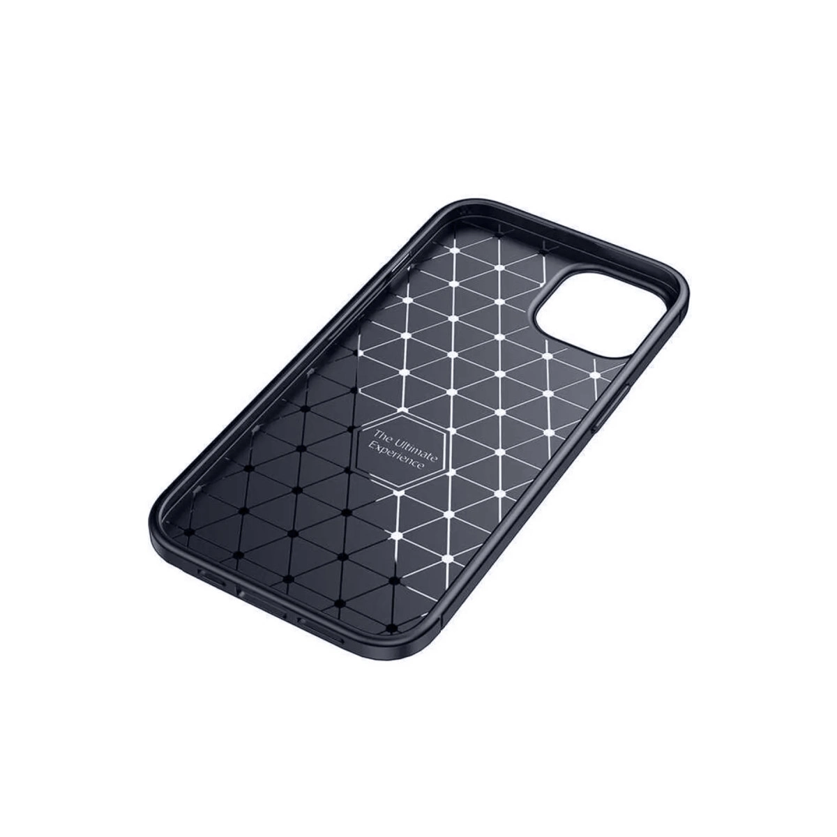 Geometrik desenli ve kamera kesimli siyah telefon kılıfı.