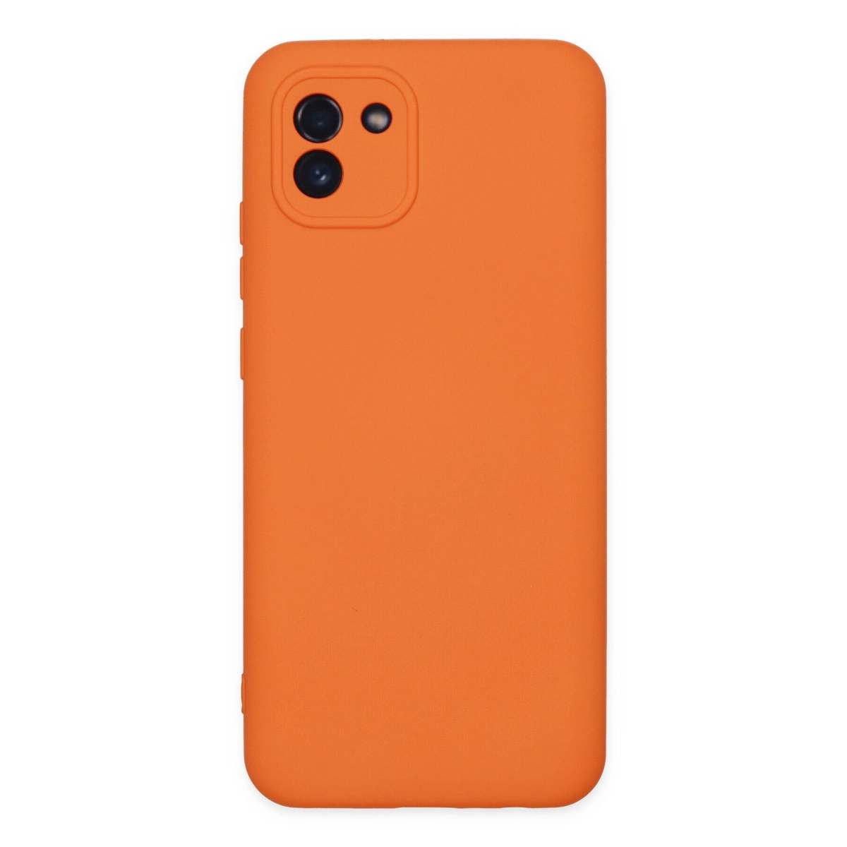 Kare arka kamera kesimli turuncu telefon kılıfı.