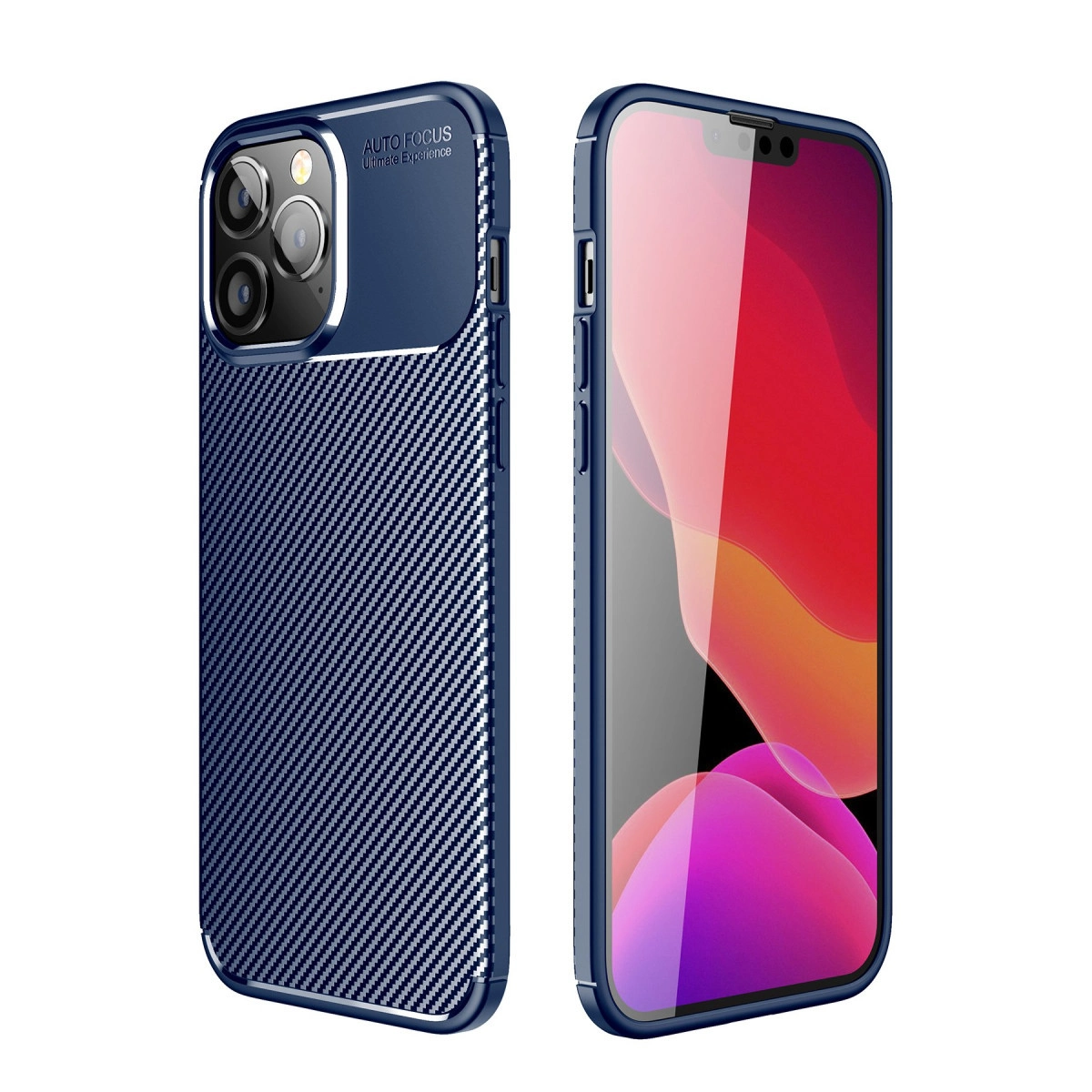 Karbon fiber dokulu mavi telefon kılıfı ve ikinci bir telefon.