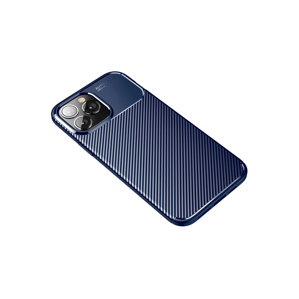 Karbon fiber desenli, koyu mavi telefon kılıfı ve kamera modülü.