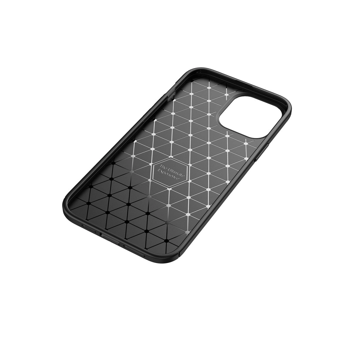 Geometrik desenli ve kamera kesimli siyah telefon kılıfı.